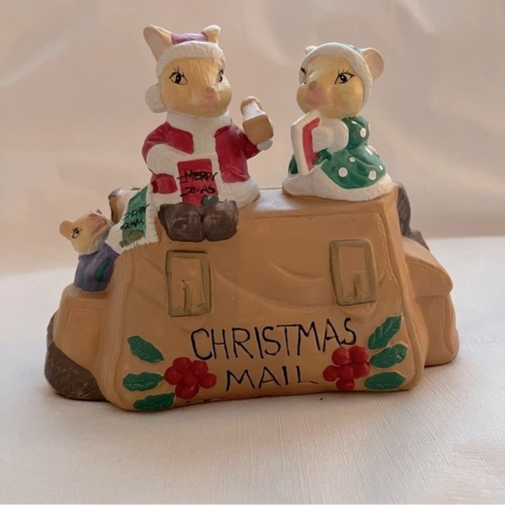 Vintage Porcelain Mr. & Mrs. Santa Mouse Christmas Card Mail Holder